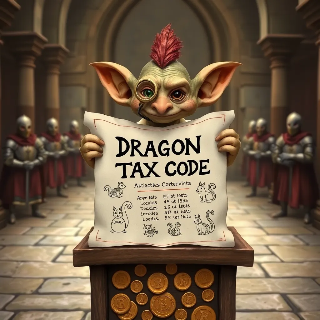 goblin tax commissioner with tiny monocle pointing at absurd scroll titled 'DRAGON TAX CODE' showing doodles of squirrels and glitter, standing on podium made of melted coins, stone hall with confused knights in background