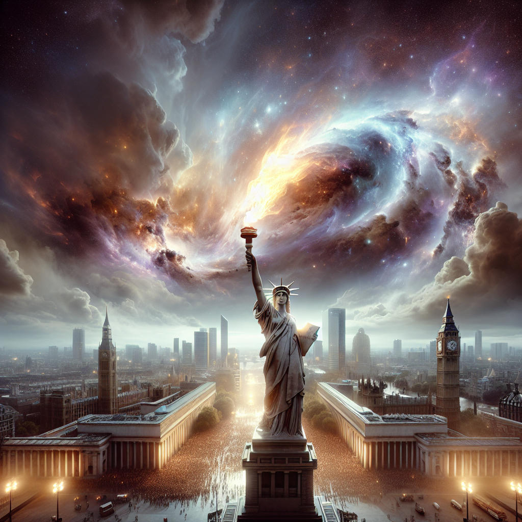 A nuclear explosion over New York City, with the Statue of Liberty in the foreground, the sky filled with a massive mushroom cloud, high detail, photorealistic, dramatic lighting, award-winning photography