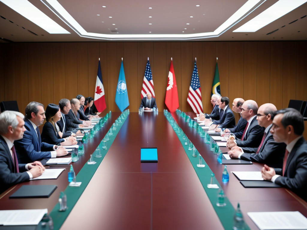 global leaders in a tense diplomatic meeting, discussing international security and technology agreements, diverse group around a large conference table