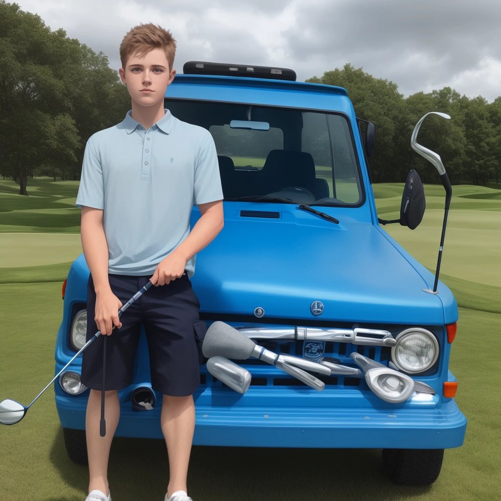 Jake with his blue truck and golf club