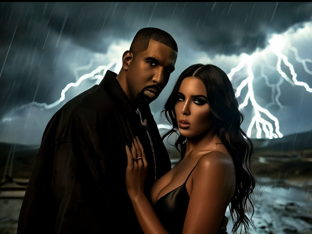 Kim Kardashian and Kanye West, surrounded by a stormy cloud, with a ' Famous' music video playing in the background, dramatic lighting, intense atmosphere