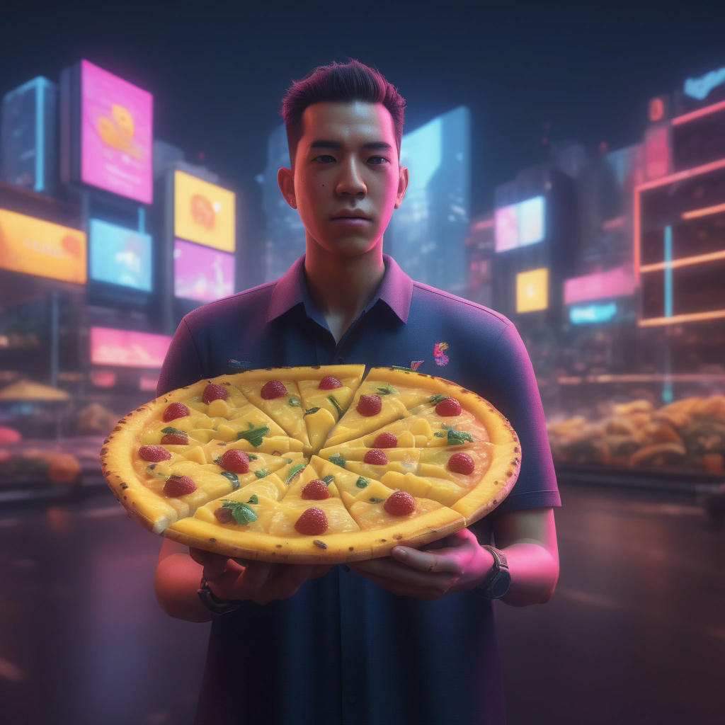 a hyper-realistic illustration of a person holding a pineapple pizza slice, surrounded by social media screens and notifications, with a cityscape in the background, neon lights, and a sense of overwhelm, created by Loish and Ian McQue