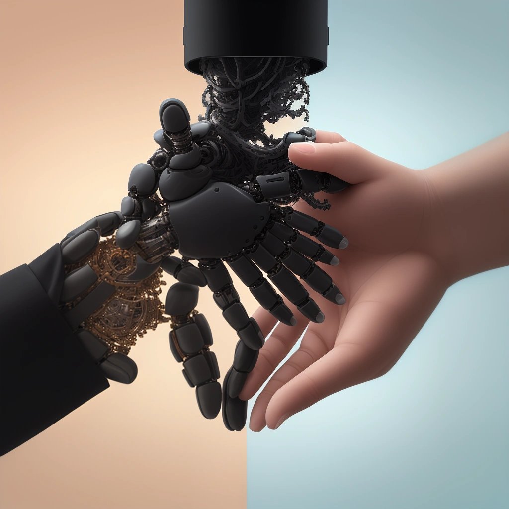 AI-generated image of human and mechanical hand reaching towards each other