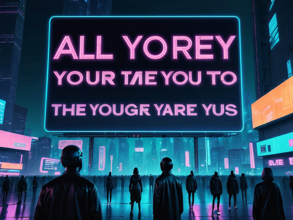 a futuristic city at night with neon lights, and a giant billboard displaying the phrase All your base are belong to us in a futuristic font, with people walking by and looking up at the billboard