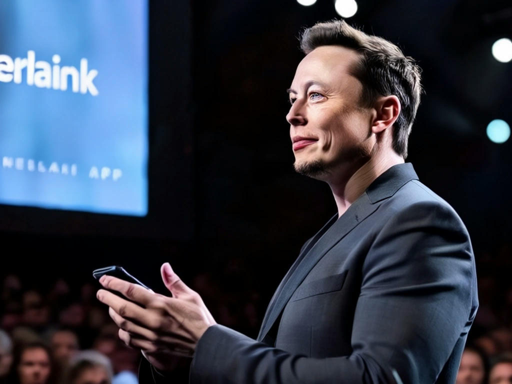 Elon Musk presenting Neuralink's Brain-to-Brain communication app on stage, audience in awe