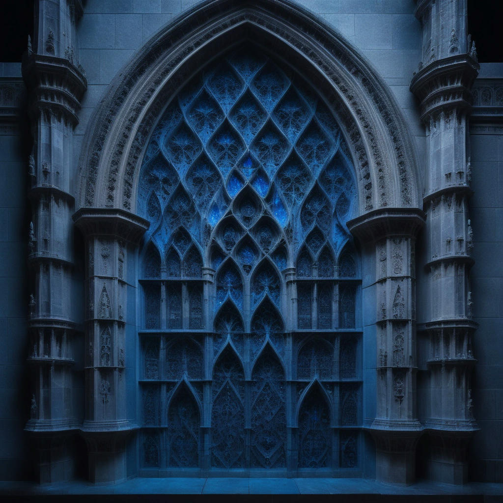 A detailed, intricately carved stone façade of a Gothic cathedral, with a subtle, glowing blue light emanating from within, mysterious, ethereal, and otherworldly