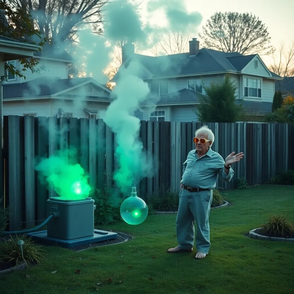 suburban backyard transformed into a ridiculous homemade gas refinery, a bewildered retired accountant in slippers and goggles, green glowing vapor spilling over a fence, neighbors peeking through curtains, hyper-detailed comedic realism, morning light