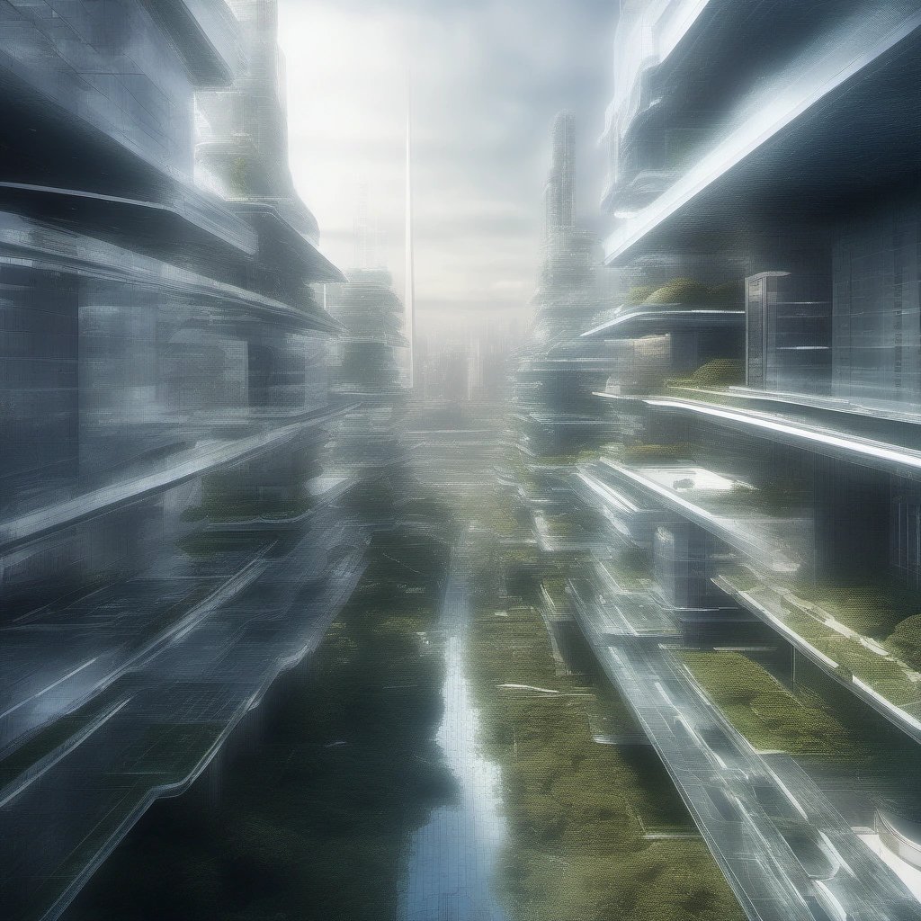 Futuristic cityscape with buildings covered in panels