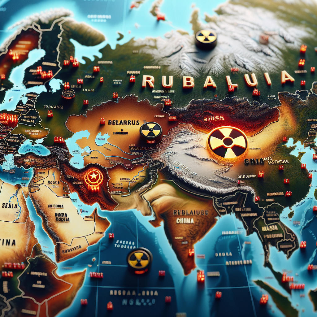 a map of the world with highlighted regions of Russia, Belarus, and China, nuclear symbols, geopolitical tension, high detail, photorealistic