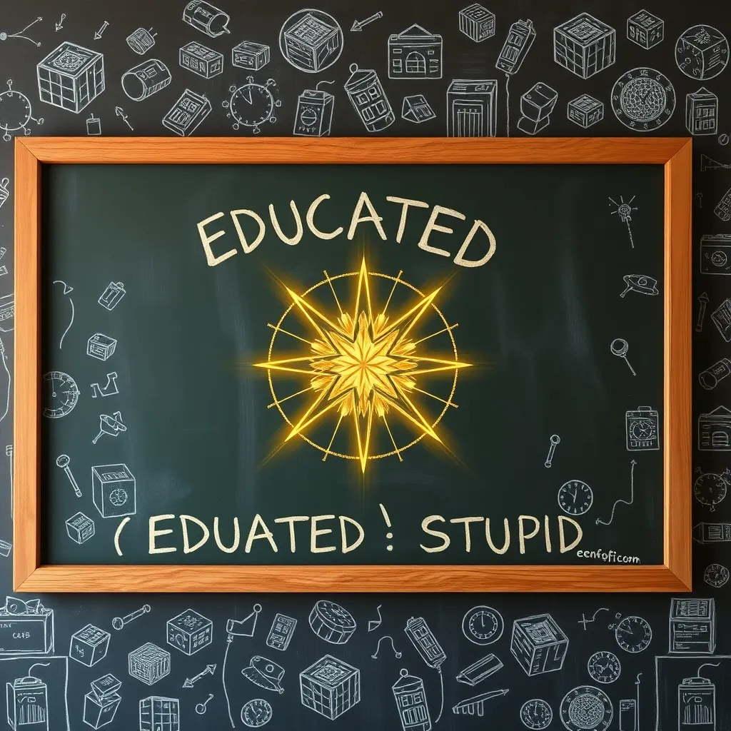 A chalkboard covered in insane scribbles of cubes, clocks, and the words 'EDUCATED STUPID', with a glowing golden endofunctor symbol in the center radiating four beams of light