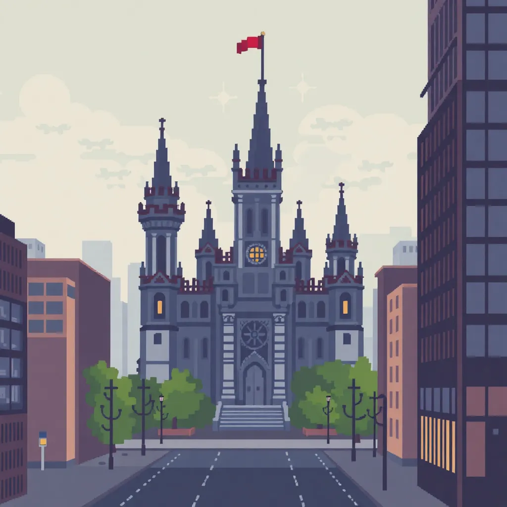 a pixelated gothic castle in a modern city, with 8-bit sound waves emanating from it