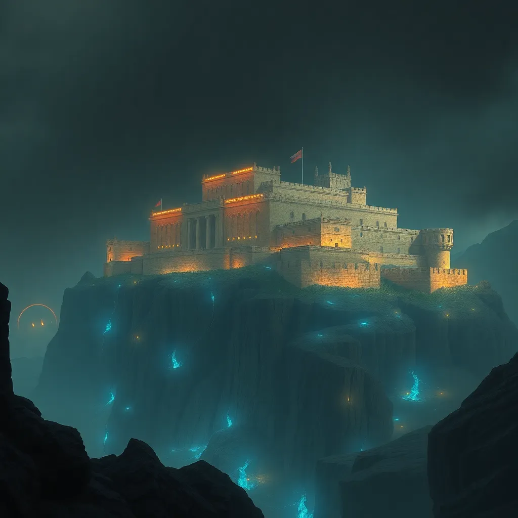 A massive ancient Persian fortress built into a modern jagged cliffside, surrounded by high-tech radar dishes and naval mines, glowing blue mystical energy leaking from the rocks, dark moody atmosphere