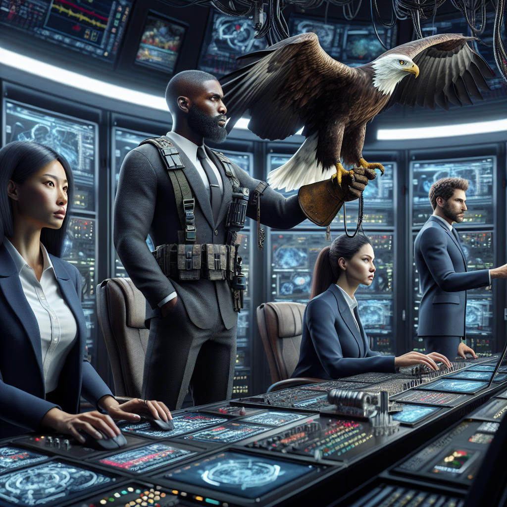 a detailed scene of experts coordinating the release of war eagles, with advanced technology and equipment, high quality, photorealistic, intricate details, cinematic lighting