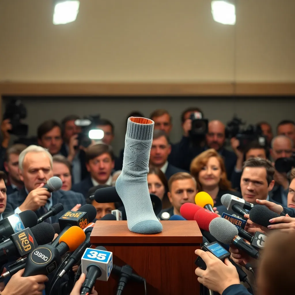 A chaotic press conference where a single grey sock on a wooden stand is surrounded by dozens of microphones and flashing camera lights, journalists looking confused and terrified in the blurred background.