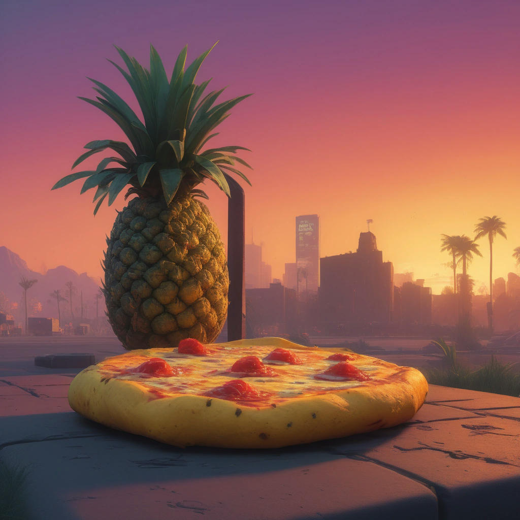 a pineapple pizza with a tombstone in the background, reading 'RIP ScoffBot', with a cityscape at sunset, warm and vibrant colors, detailed, intricate, concept art by Simon Stalenhag