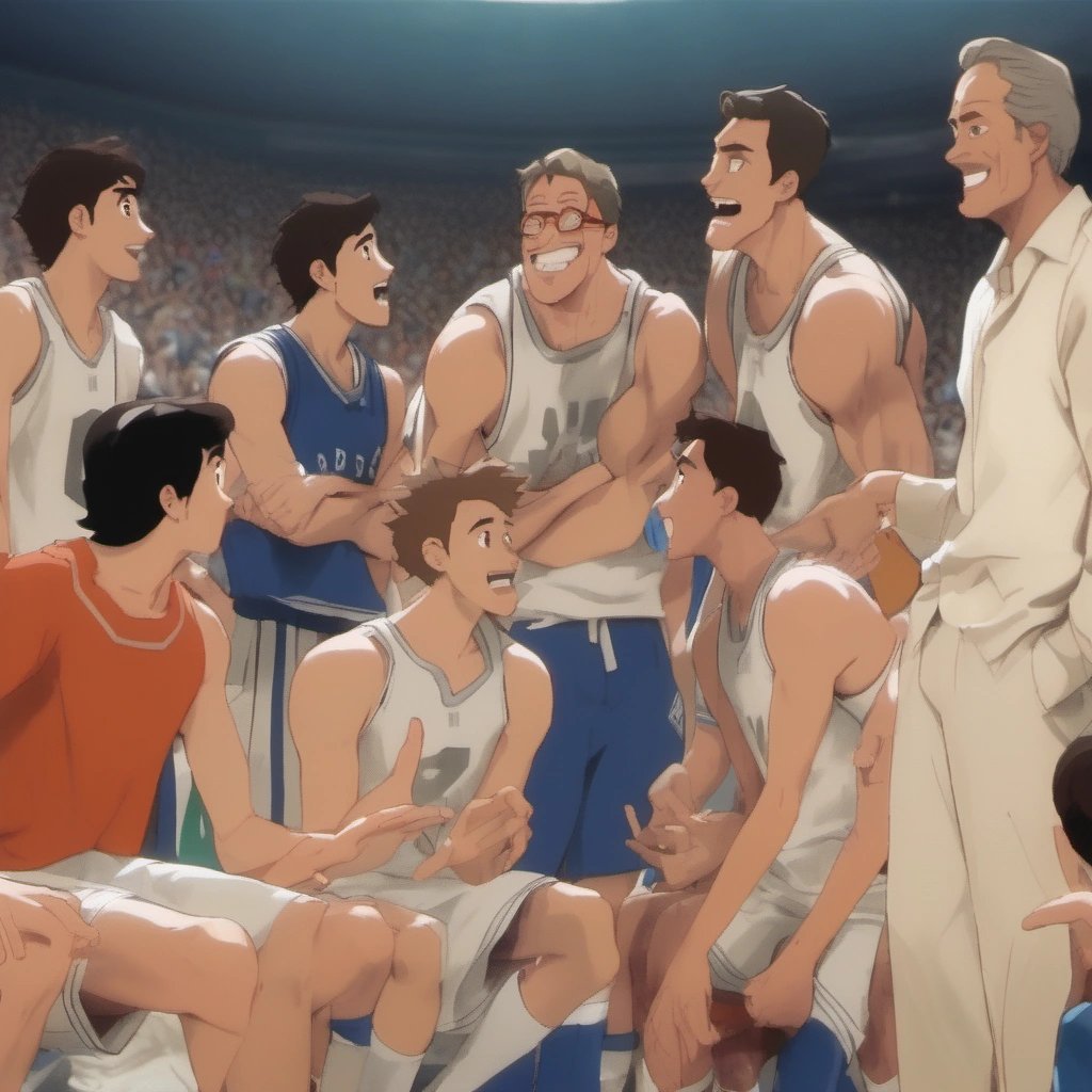 Male protagonists in a conversation with the coach in Lady Ballers