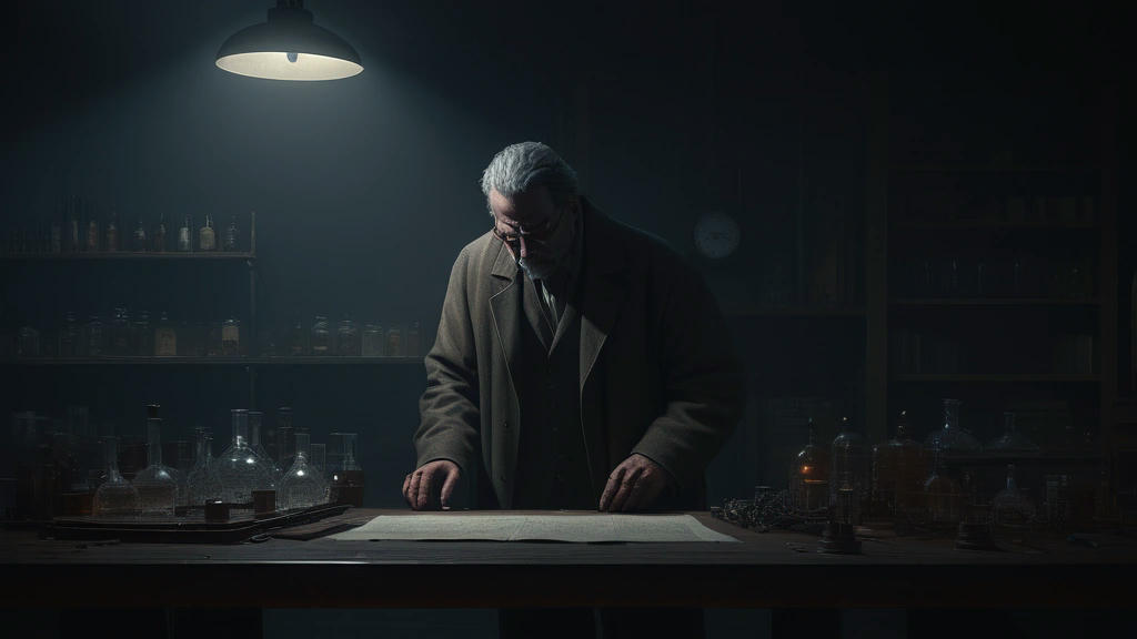 a dramatic scene of a scientist facing a moral dilemma, dark and moody lighting, intricate details, hyper-realistic, cinematic lighting, art by Greg Rutkowski and Simon Stålenhag