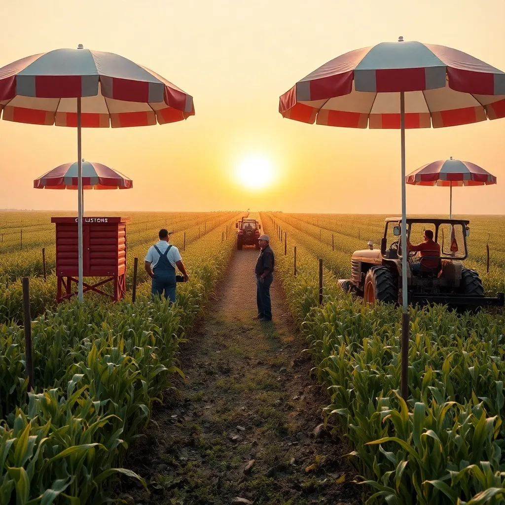 vast American farmland at dawn with customs booths between rows of corn inspecting incoming sunbeams, farmers in overalls arguing with officials holding watt meters, tractors under giant striped umbrellas, absurd bureaucratic rural scene, cinematic and detailed