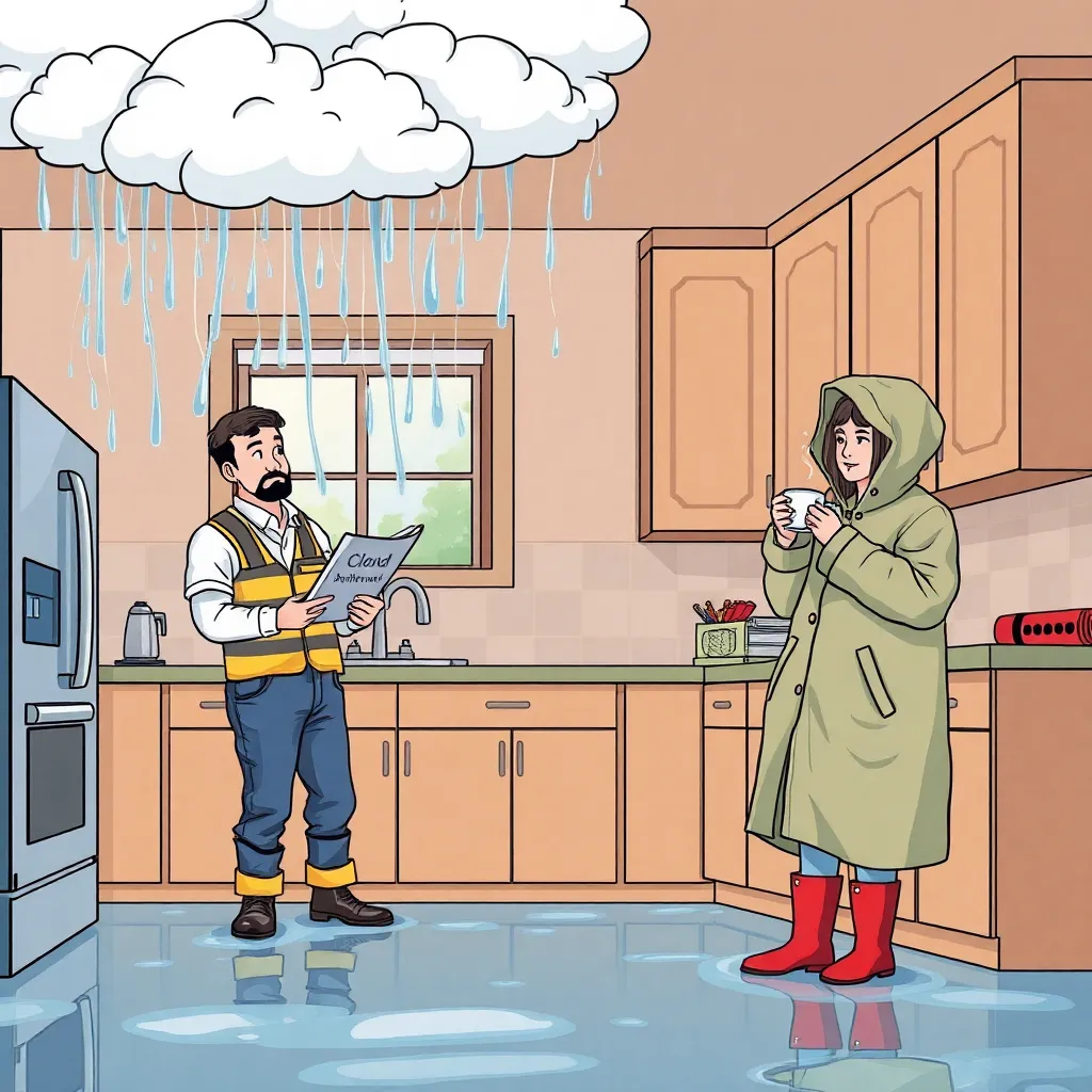 kitchen flooded with cartoonish rain clouds pouring from ceiling, contractor shrugging while holding 'Cloud Maintenance' manual, homeowner calmly sipping tea in full raincoat and boots
