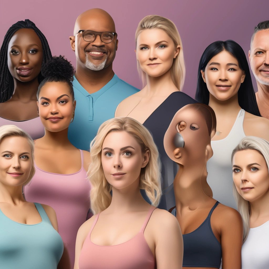 Diverse group of people with Neuralink chip-enabled breasts