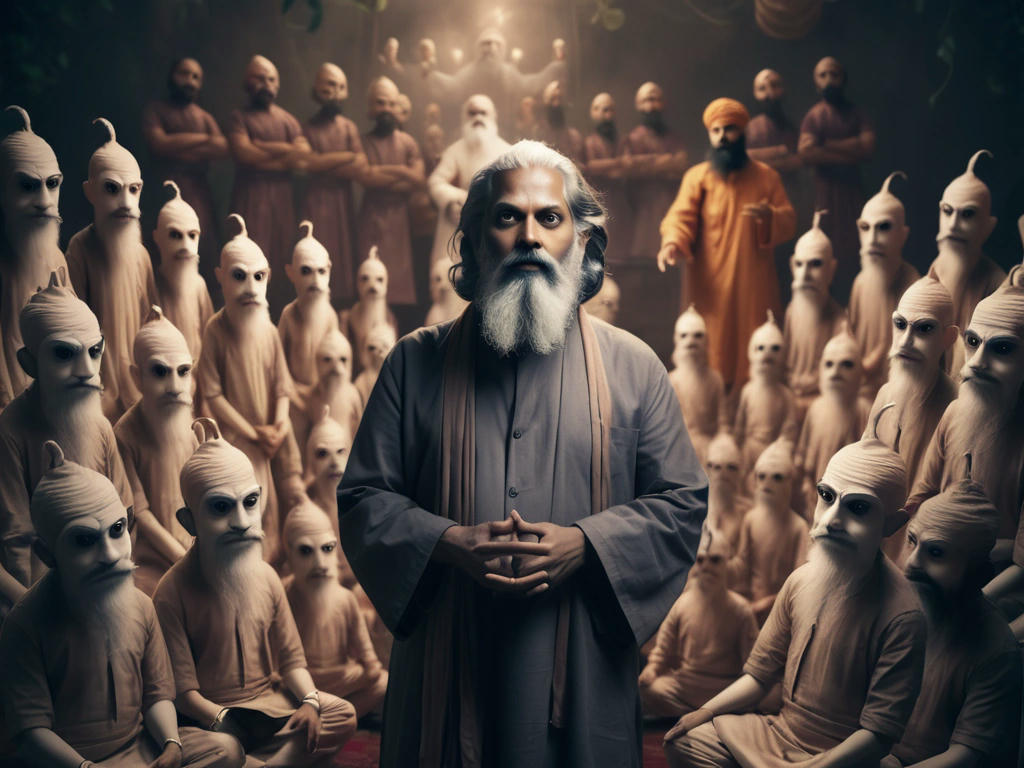 A charismatic guru surrounded by followers, with a subtle, ominous tone, and a faint image of a puppeteer controlling marionettes in the background