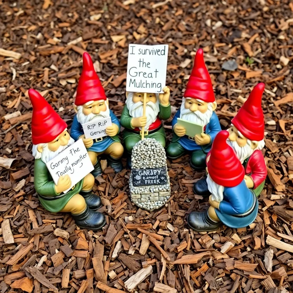 A support group of traumatized garden gnomes sitting in a circle on a wood chip pile, holding signs that say 'I survived the Great Mulching' and 'RIP Gary', one gnome hugs a tiny mill stone memorial made of gravel