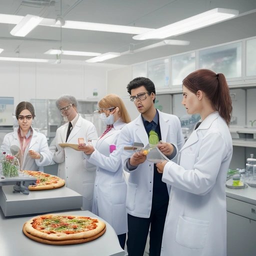 Scientists analyzing pizza with pineapples