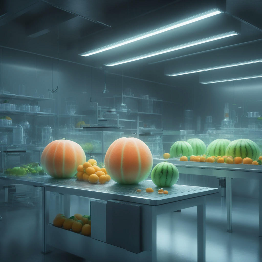 a modern marine research lab with scientists studying a glowing melon-like fruit, high-tech equipment, high detail, photorealistic, cinematic lighting