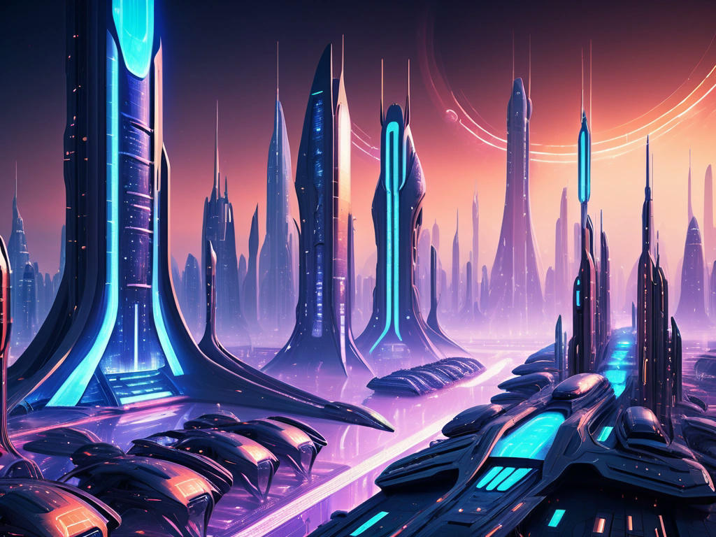 futuristic alien cityscape powered by advanced energy technology, glowing structures, advanced vehicles, and vibrant atmosphere