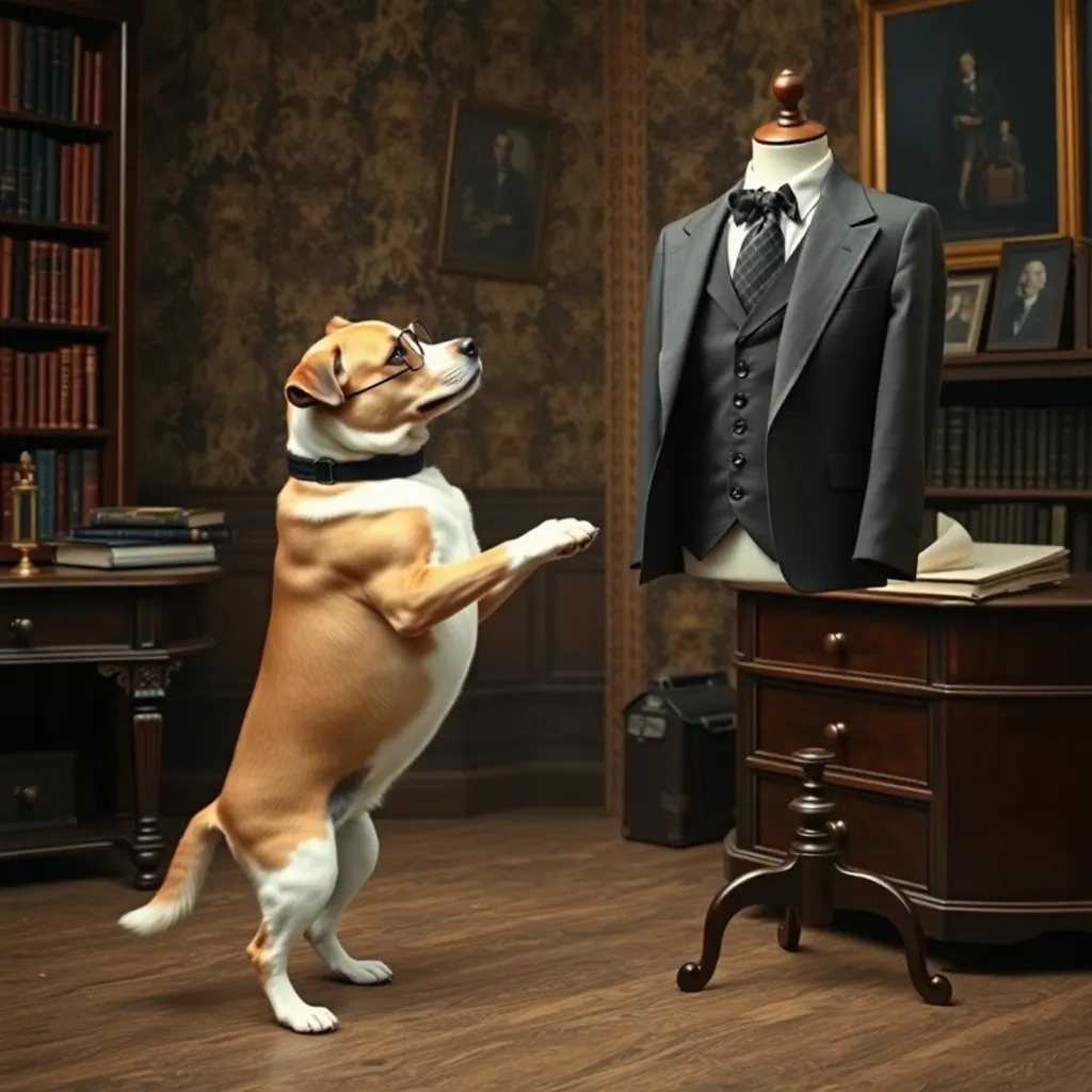 Surreal image of a dog standing on its hind legs, wearing a monocle, inspecting a pair of trousers held up by a mannequin, Sherlock Holmes style, Victorian study background