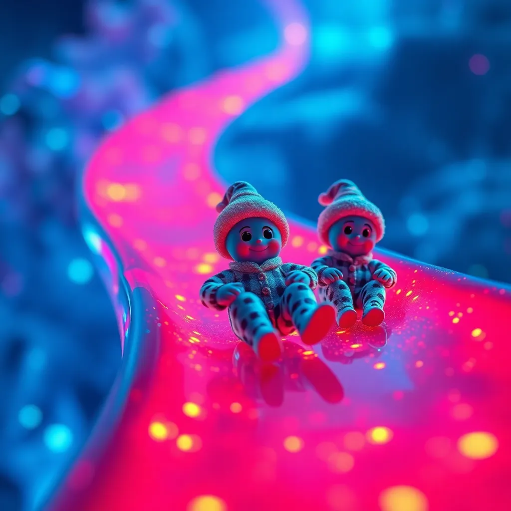 A microscopic view of electrons wearing tiny nightcaps and pajamas, sliding effortlessly down a glowing neon crystalline slide, whimsical and vibrant colors
