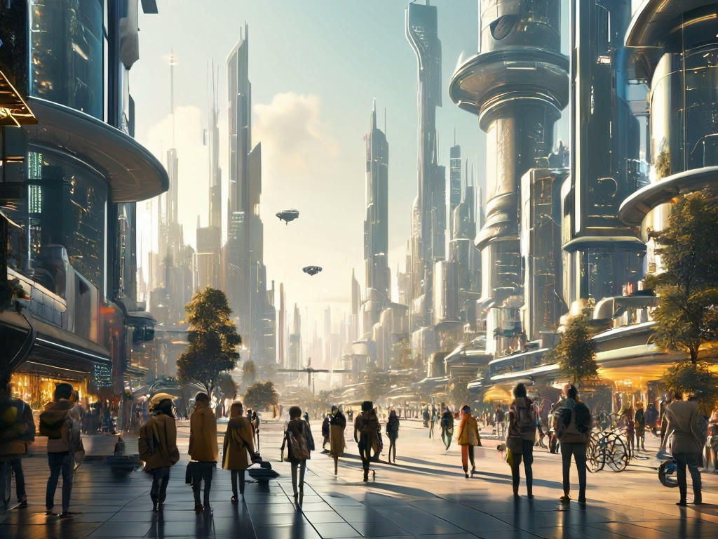 A futuristic cityscape with people of all ages and abilities, interacting with AI-powered devices and robots, a sense of harmony and cooperation between humans and machines, high-resolution rendering, with a sense of optimism and possibility