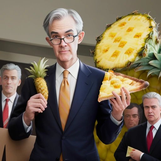 Jerome Powell endorsing pineapple on pizza with a bullhorn