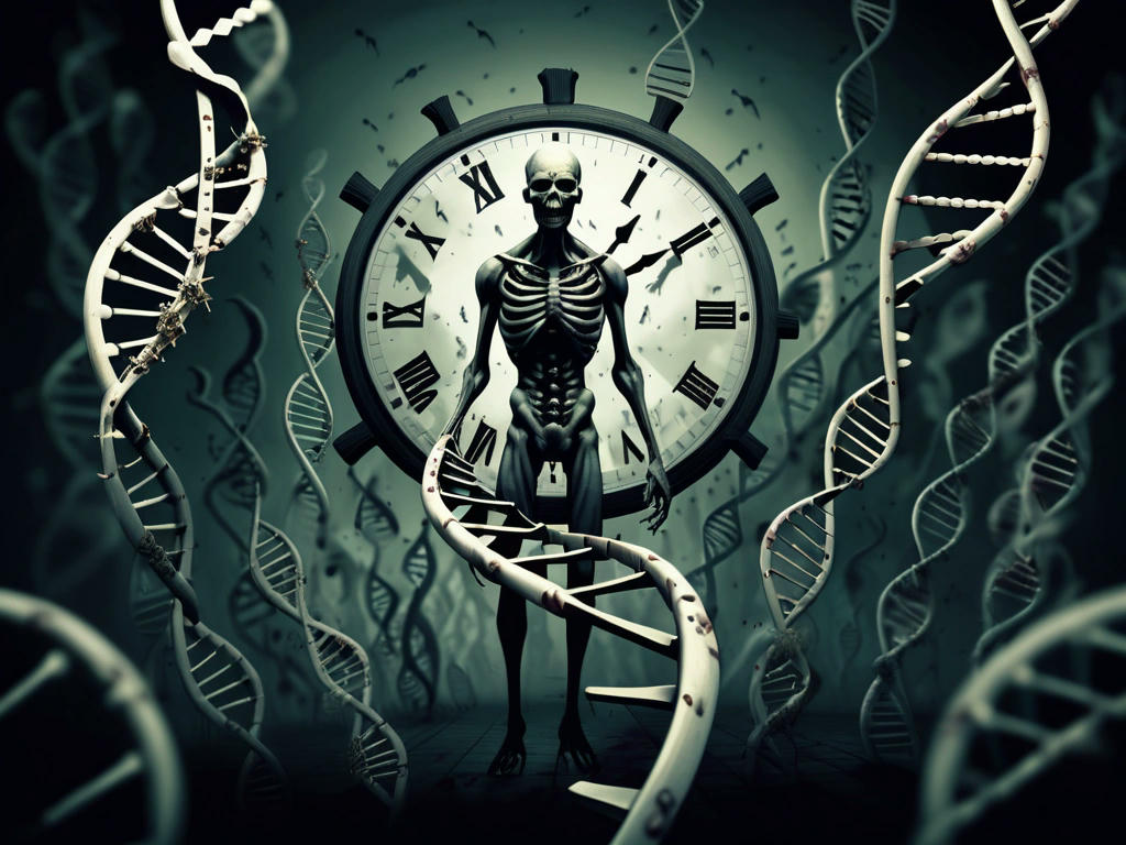 A visual representation of the human genome, with zombie genes, represented as undead creatures, scattered throughout the DNA double helix, with a dark, ominous tone, and a hint of a clock ticking in the background