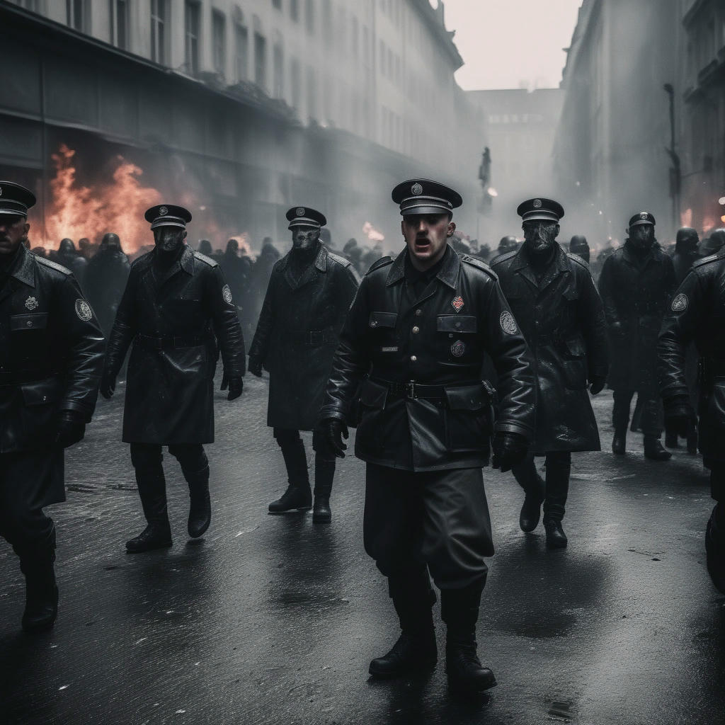 A chaotic scene of rioting in the streets of Berlin, with protesters clashing with police, buildings on fire, and Hitler's followers, dressed in Nazi regalia, marching in the background, high contrast, gritty, 4k, cinematic