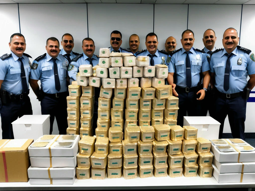 customs officials celebrating a successful drug bust at the airport