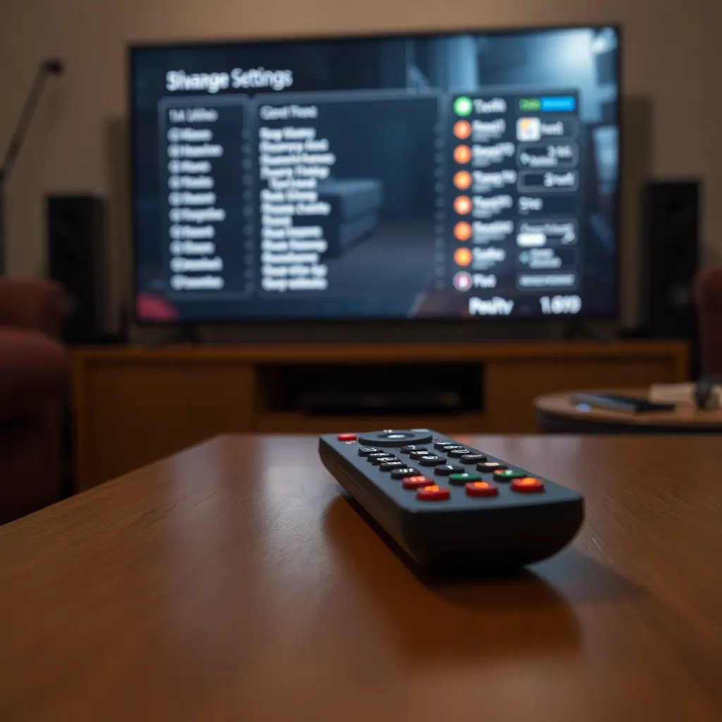 close-up of a modern TV remote control lying on a coffee table like a tiny villain, buttons glowing ominously, television in background showing bizarre settings menu, moody household lighting, realistic with absurd dramatic tension