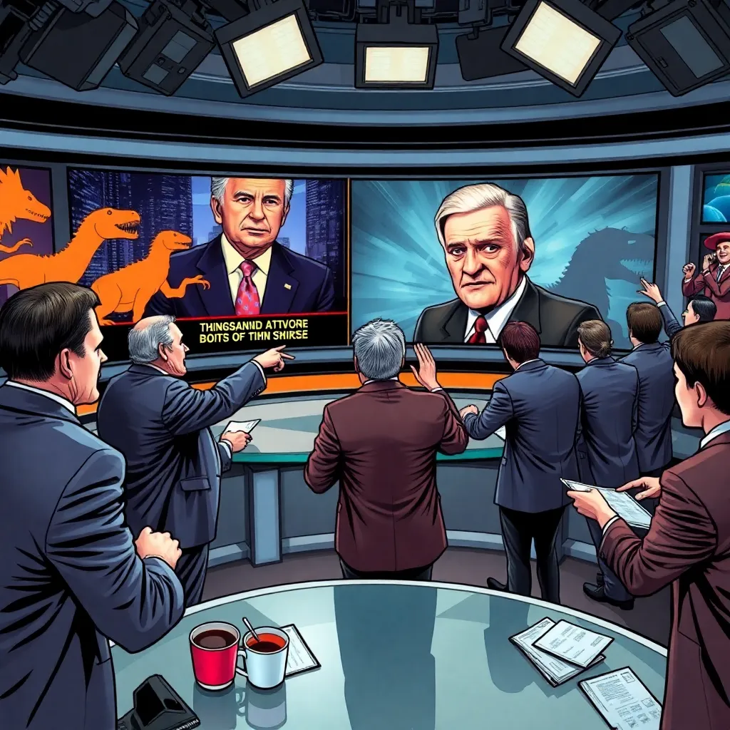 inside a cable news studio in chaos, pundits in expensive suits pointing at giant touchscreens analyzing dinosaur silhouettes next to headshots of a stern silver-haired politician, ticker graphics, coffee cups, frantic producers, glossy modern newsroom, comic realism