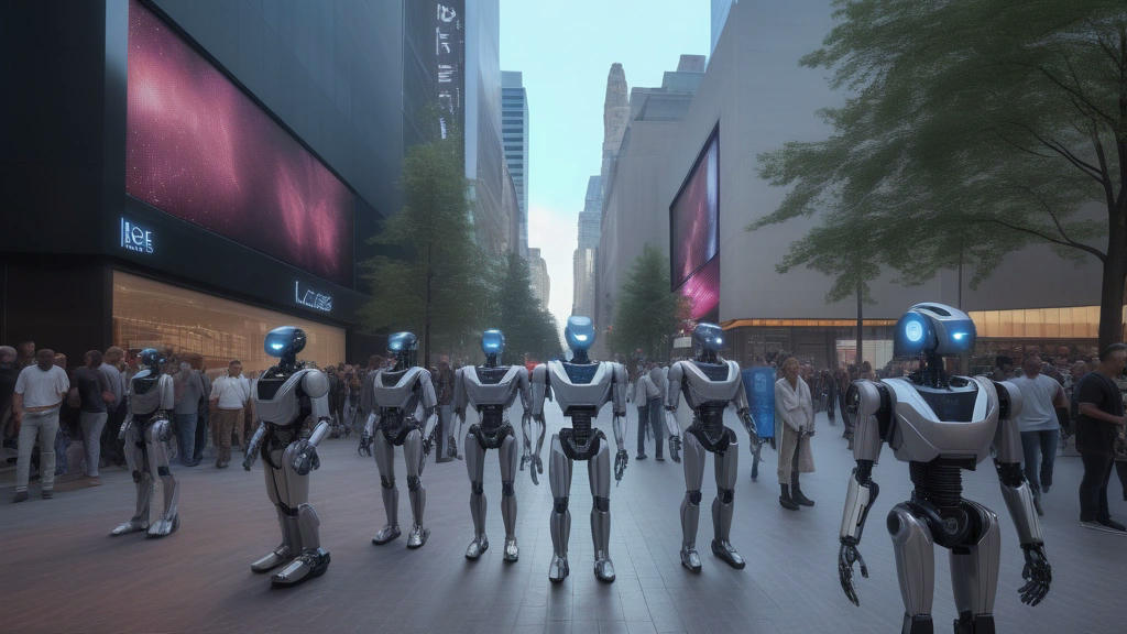 city center in Boston with humanoid robots gathered, digital billboards and holographic displays, public watching in awe, high quality, extremely detailed, photorealistic, dramatic lighting