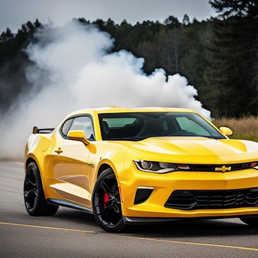 Mouse driving a yellow Chevy Camaro, shocked onlookers in the background