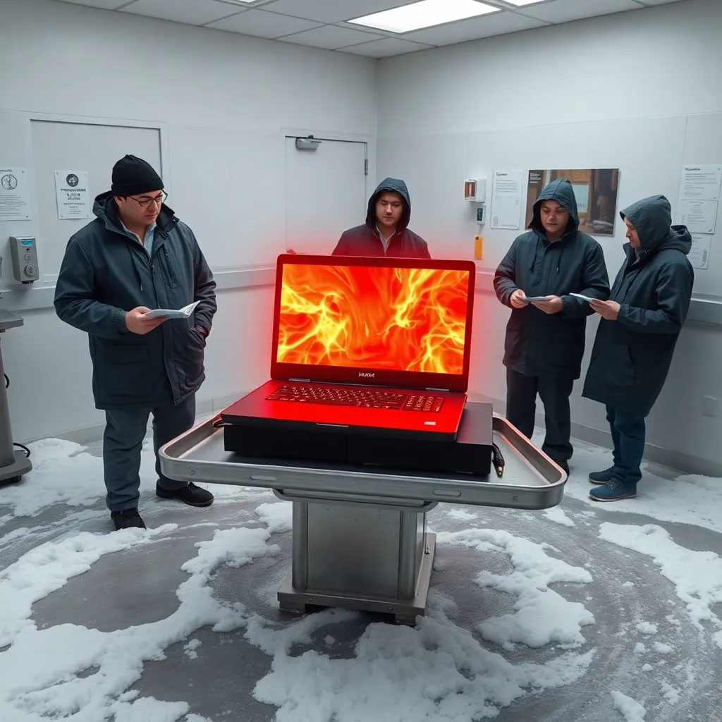 hospital examination room where doctors cautiously inspect a massive overheated gaming laptop on a metal tray, laptop glowing ominously, snow melting in puddles nearby, medical staff in winter gear taking notes, humorous but realistic composition
