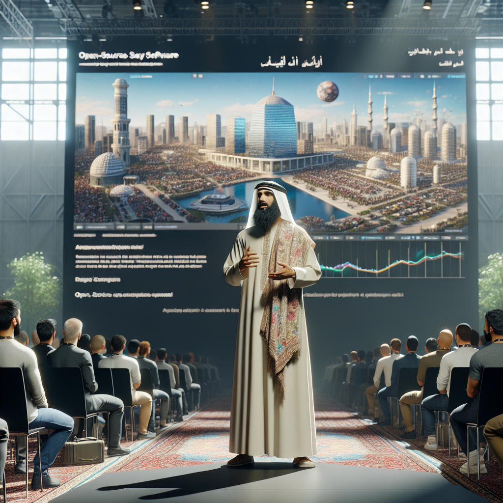 Jesus Christ addressing a group of software developers in a modern tech conference, discussing open-source software, contemporary setting, high detail, photorealistic, intricate, natural lighting