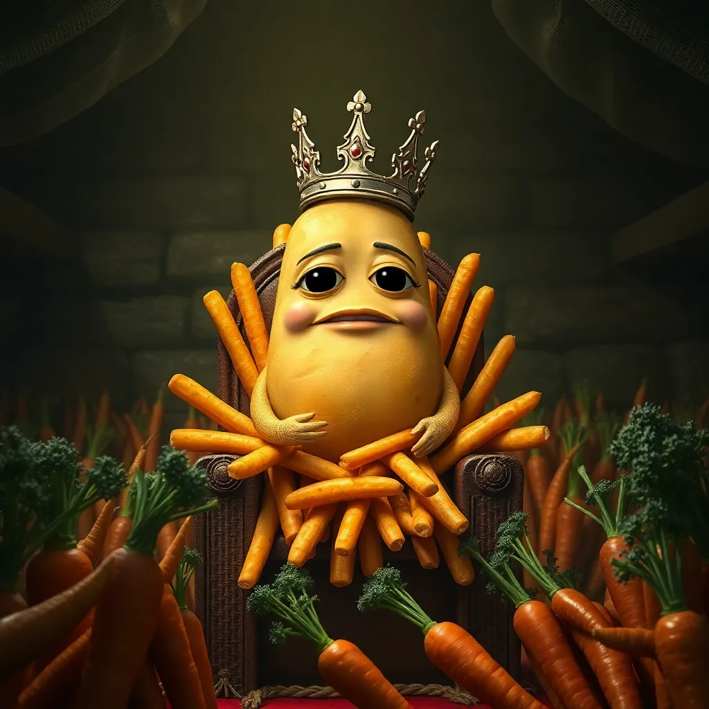 A single, extremely smug potato wearing a tiny crown sitting on a throne made of french fries, surrounded by bowing carrot subjects in a dimly lit vegetable cellar