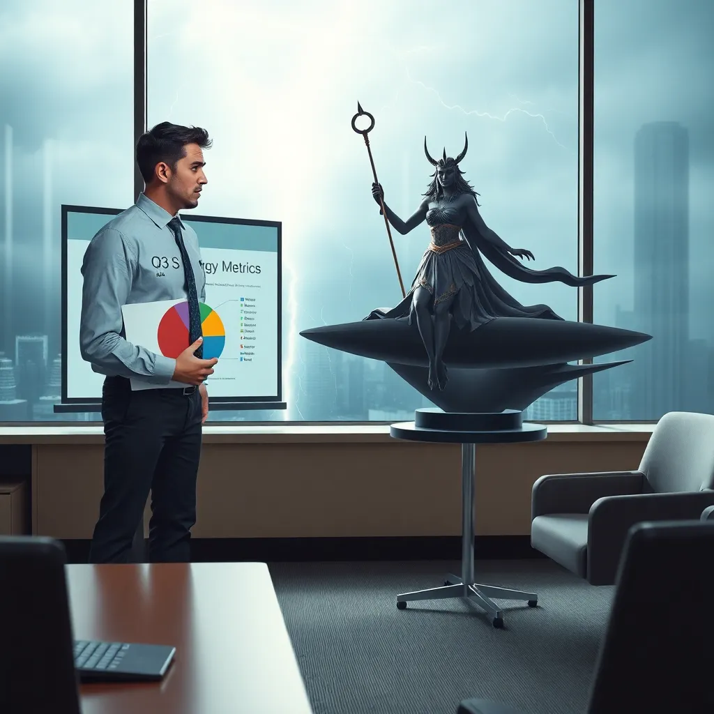 Confused office worker in business casual trying to present a pie chart to a stern Valkyrie on a floating hoverboard, PowerPoint slide reads 'Q3 Synergy Metrics' while lightning strikes the conference room window