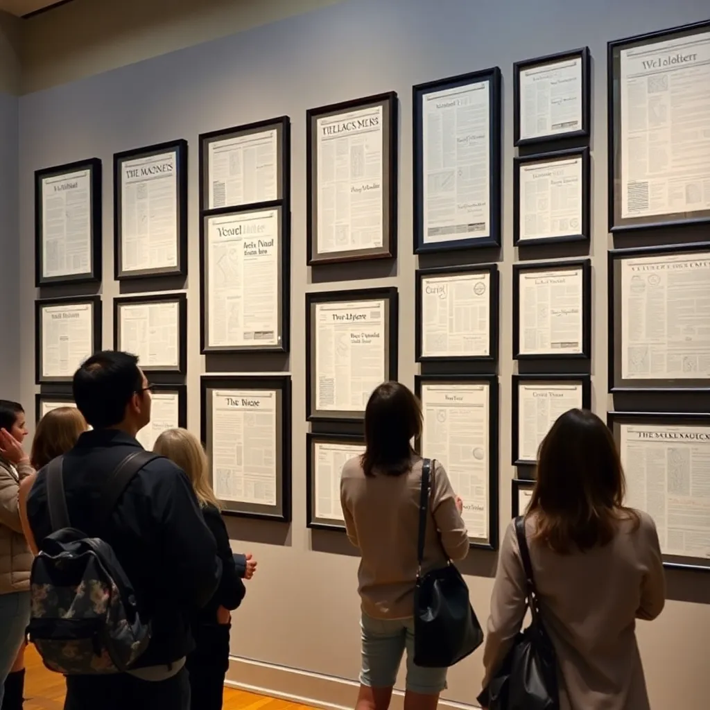 a gallery wall displaying framed blank newspaper pages, art enthusiasts admiring the collection