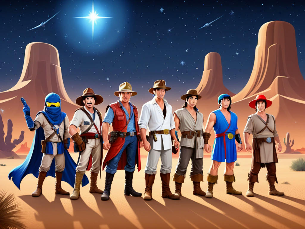 Indiana Jones, Mario, Liu Kang, Sub-Zero, Monty Python knights, Maverick, and Ralph standing together in a desert landscape with a starry sky