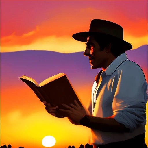 José reciting a poem in front of a group of gauchos, with a beautiful sunset