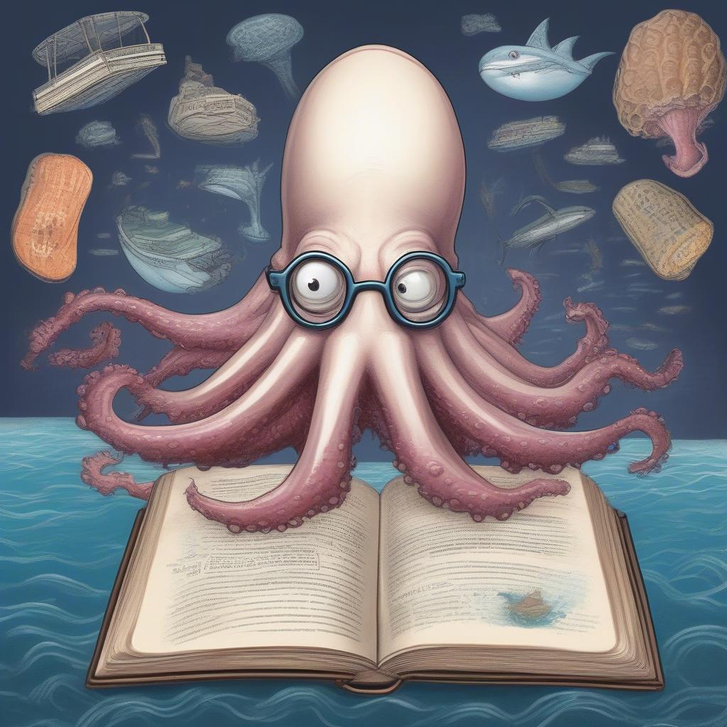 A parody book cover titled 'Jaws of Life' featuring a cartoon squid wearing glasses, holding a textbook labeled 'Advanced Algebra' while trapped in a giant clam shell