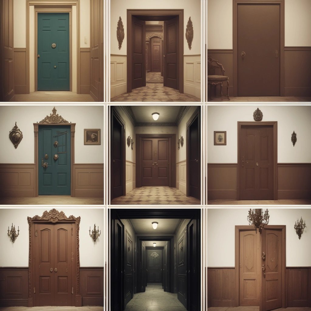 Collage of doors and hallways in the Backrooms