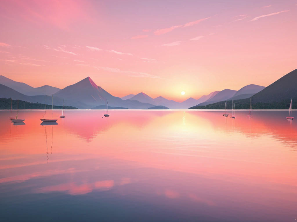 a serene landscape of a lake at sunset, with a few sailboats in the distance, surrounded by mountains and a sky filled with hues of orange and pink